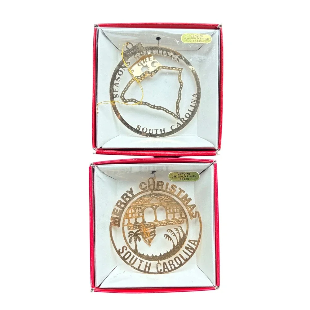 South Carolina 24k Gold Finish Brass Christmas Ornaments Set of 2 State Souvenir